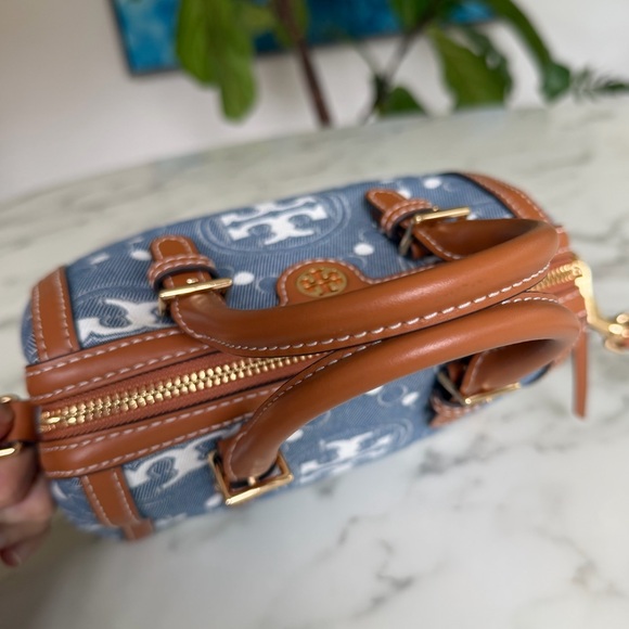 Tory Burch Petite T Monogram Denim Barrel Crossbody Satchel Bag Blue Tan Leather - Picture 9 of 14